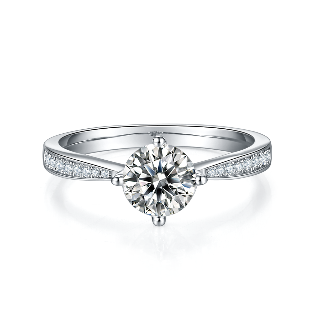 Straight arm micro inlaid four claw S925 silver plated platinum Moissanite women's ring 1 carat D-grade